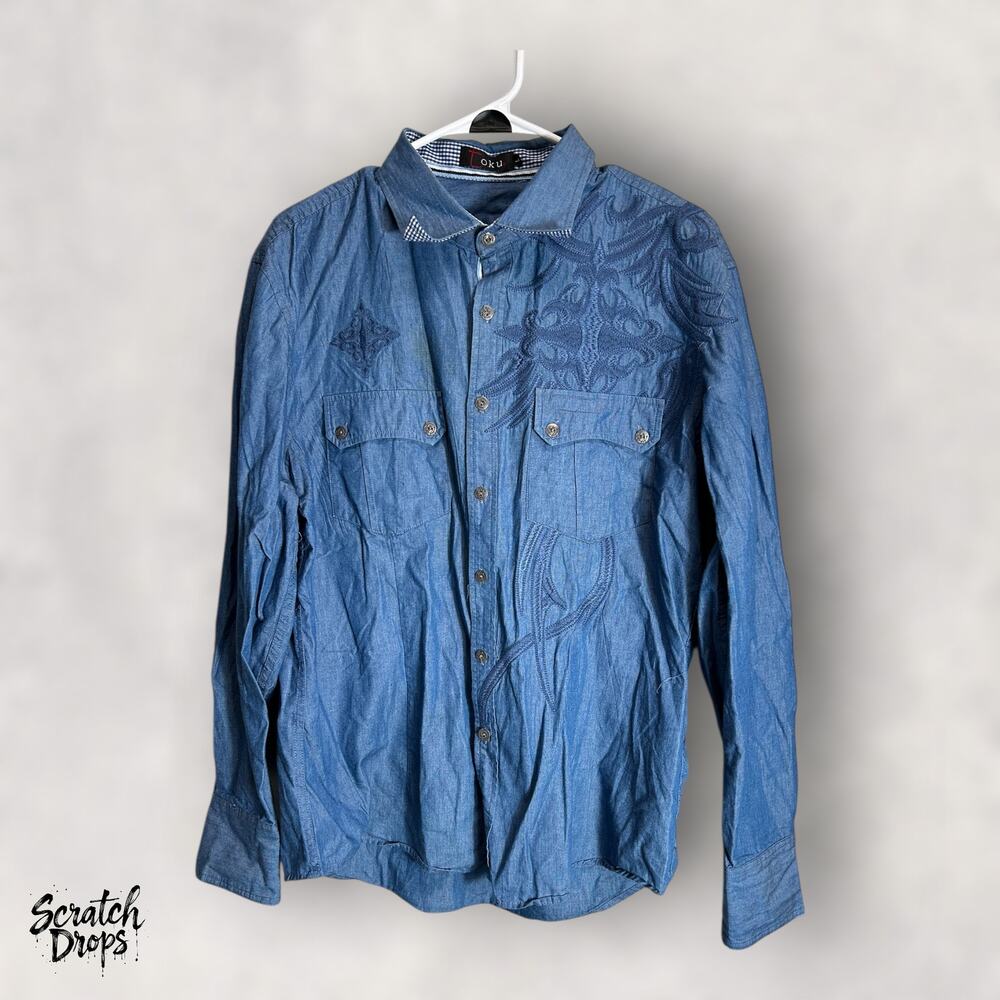 Toku Women's Denim Shirt Size Large Long Sleeve Button Up Casual Embroidered Top